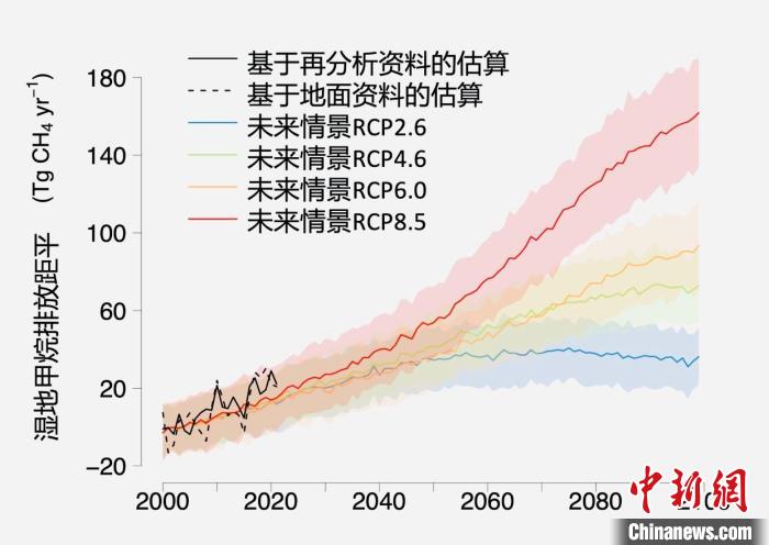 基于觀測的濕地甲烷排放變化與未來氣候變化情景下估算的對(duì)比。　中科院青藏高原所 供圖