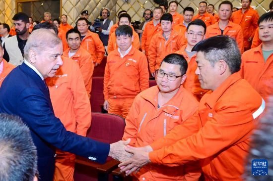 4月1日，在巴基斯坦西北部開伯爾-普什圖省達(dá)蘇，巴基斯坦總理夏巴茲（左）同達(dá)蘇水電站項(xiàng)目中方員工握手。新華社發(fā)（巴基斯坦新聞與廣播部下轄媒體信息部門供圖）