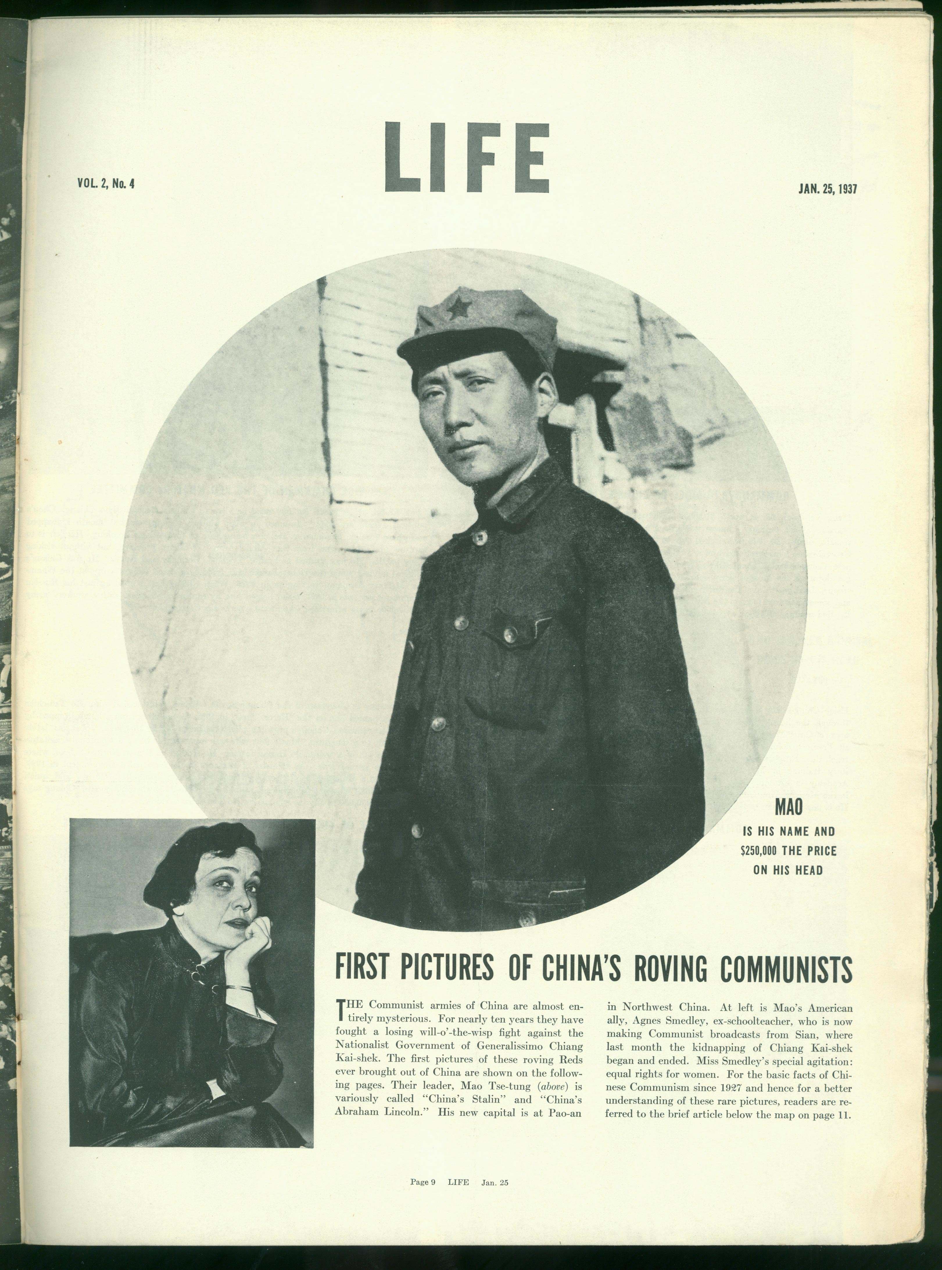 1937年1月25日，美國《生活》周刊刊登毛澤東照片，照片右下方寫著一行字：“毛，這是他的名字，他的人頭價(jià)值25萬元。”