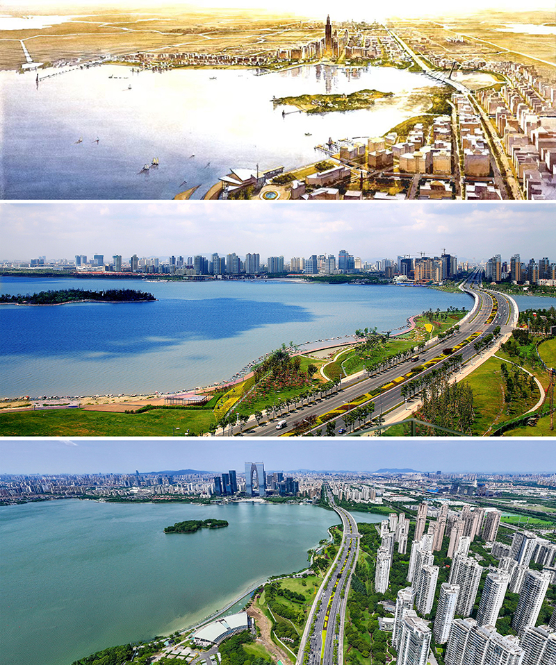 拼版照片：上圖為1994年繪制的蘇州工業(yè)園區(qū)手繪規(guī)劃圖；中圖為2007年拍攝的蘇州工業(yè)園區(qū)；下圖為2023年7月4日用無人機拍攝的蘇州工業(yè)園區(qū)。