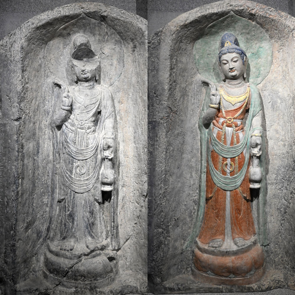 左圖為龍門(mén)石窟萬(wàn)佛洞窟前南壁菩薩造像的3D打印模型；右圖為利用數(shù)字化技術(shù)復(fù)原后的3D打印模型（2025年4月10日攝，拼版照片）。復(fù)原后的像龕精妙絕倫，栩栩如生，被游客譽(yù)為“龍門(mén)最美菩薩”。圖片來(lái)源新華社