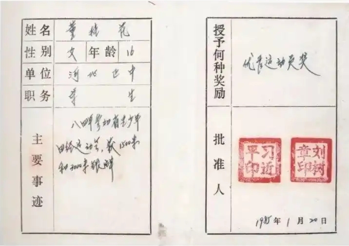 圖為1985年1月，時任正定縣委書記的習(xí)近平為參賽運動員頒發(fā)的“優(yōu)秀運動員獎”。