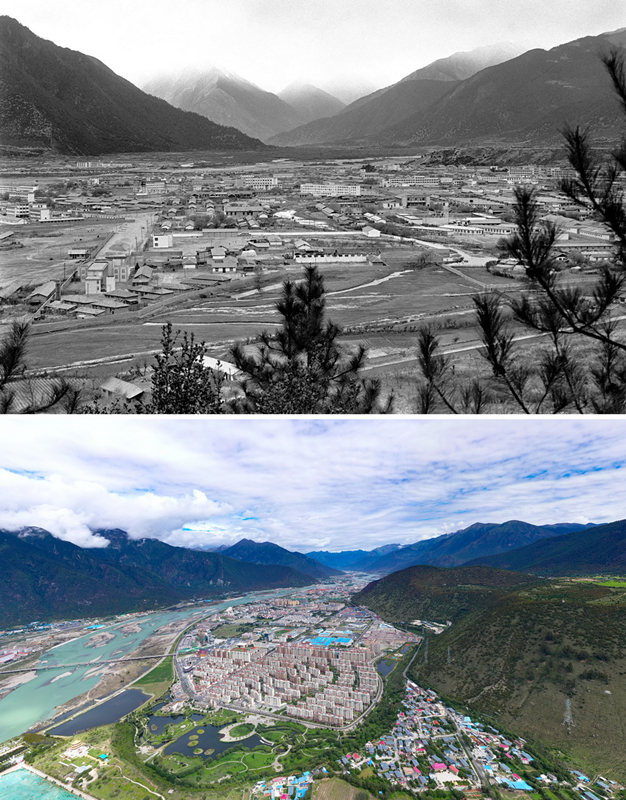 拼版照片：上圖是20世紀(jì)90年代的西藏林芝八一鎮(zhèn)；下圖是2021年7月20日拍攝的西藏林芝八一鎮(zhèn)風(fēng)貌。