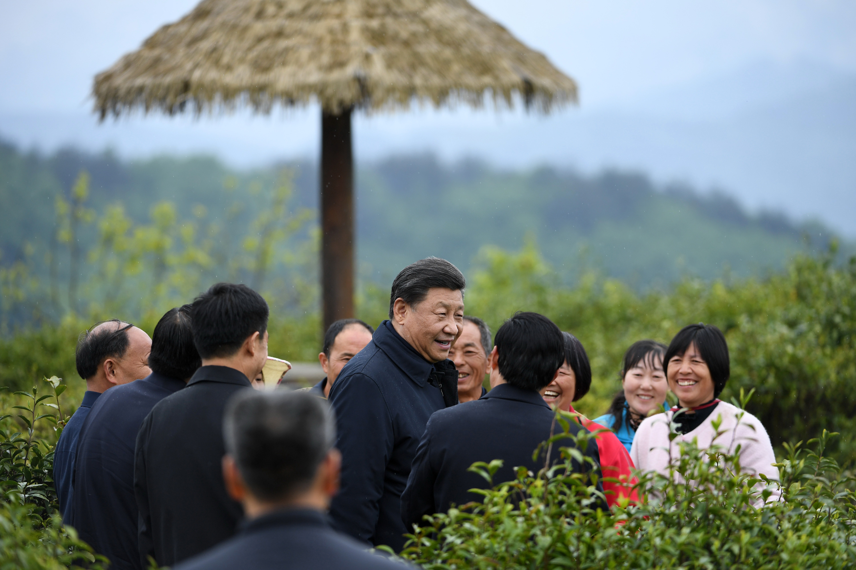 2020年4月21日，習(xí)近平在安康市平利縣老縣鎮(zhèn)蔣家坪村女?huà)z鳳凰茶業(yè)現(xiàn)代示范園區(qū)，同茶農(nóng)們親切交談。