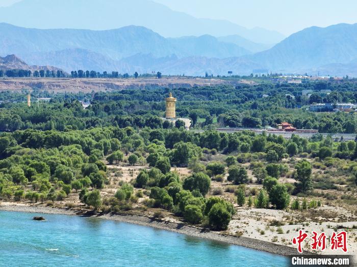 航拍貴德縣黃河岸畔綠意盎然?！●R銘言 攝