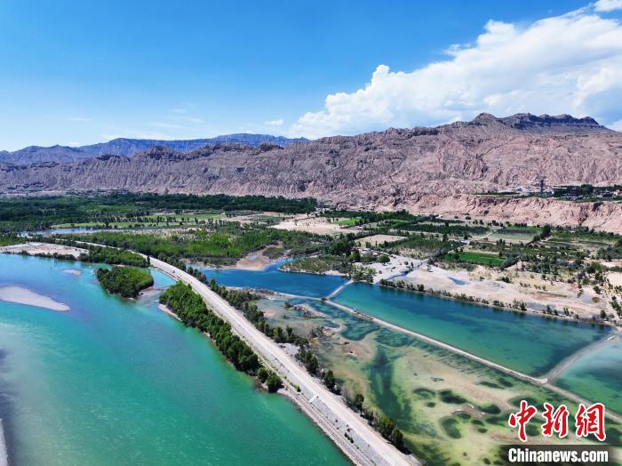 航拍貴德縣黃河岸畔綠意盎然?！●R銘言 攝