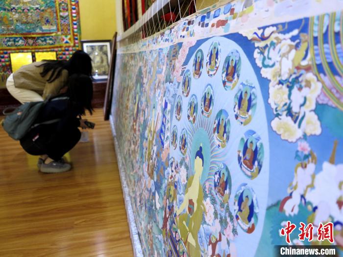 圖為民眾參觀半成品的唐卡?！?zhí)砀?攝