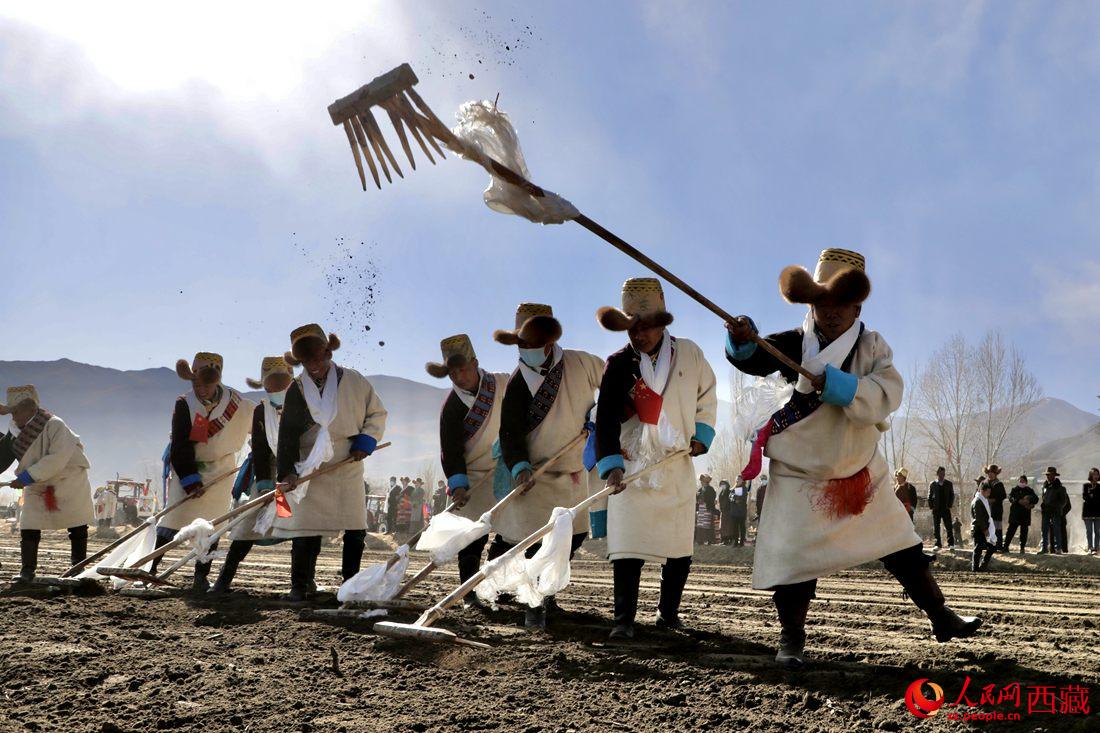 當(dāng)?shù)卮迕裆碇?jié)日盛裝，舉行春耕儀式。人民網(wǎng) 次仁羅布攝