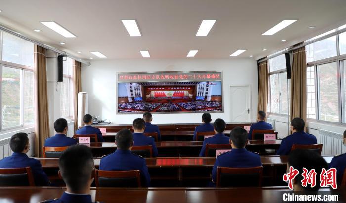 圖為西藏昌都市森林消防支隊收看二十大開幕直播?！⌒焖寂?攝