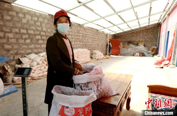 圖為寧重崗村村民扎西才措把自家的油菜籽送到合作社銷售?！〖卫杩h融媒體中心供圖